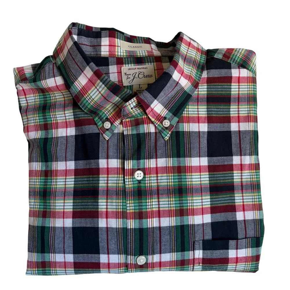 J.Crew Indian Madras Button-Down Shirt (Red, Green & Navy Plaid) - Size Large